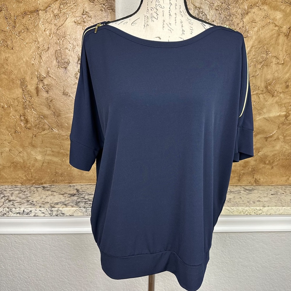 Chico's Zipper Shoulder Top Shirt Blouse Women's‎ 2 (10-12) Large Navy Blue SS - Picture 2 of 9
